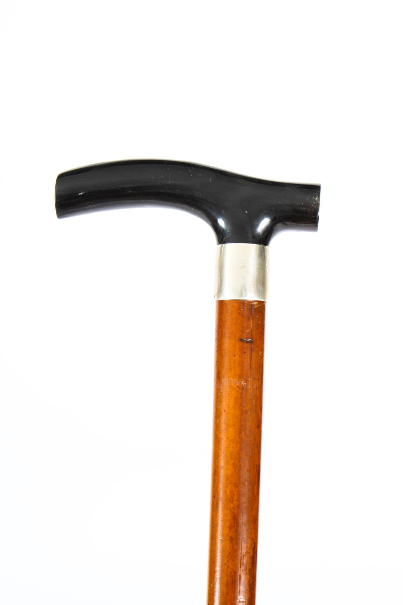 Mid-19th Century Antique Swaine Adeney Brigg Horn Handled Walking Cane Stick Silver Handle 1859
