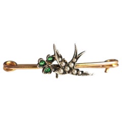 Antique Swallow and Shamrock Brooch, Pin, Boxed 