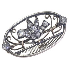 Antique Swallow Bird 1 Carat Old Cut Diamond Gold Brooch