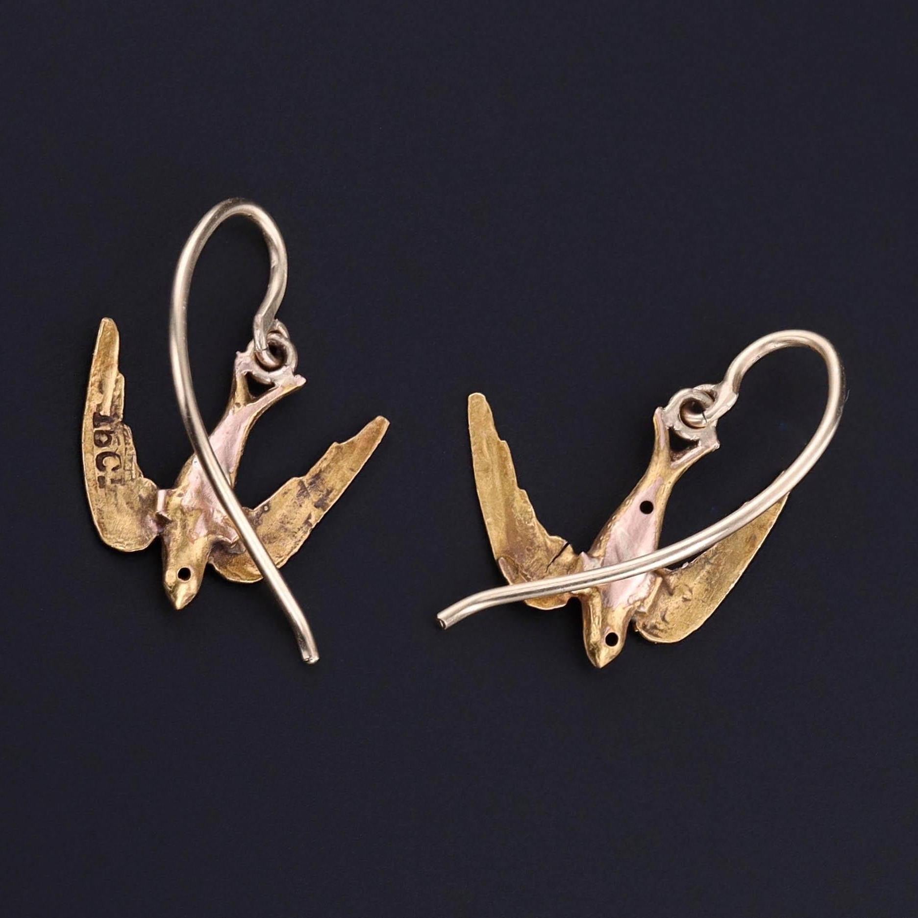 Women's Antique Swallow Bird Earrings of 14k Gold For Sale