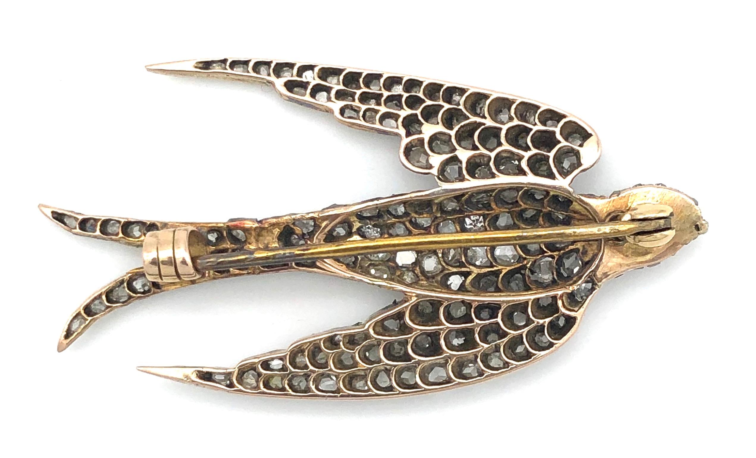 Antike antike Swallow Dive Diamant Silber Gold Emaille Brosche (Viktorianisch) im Angebot