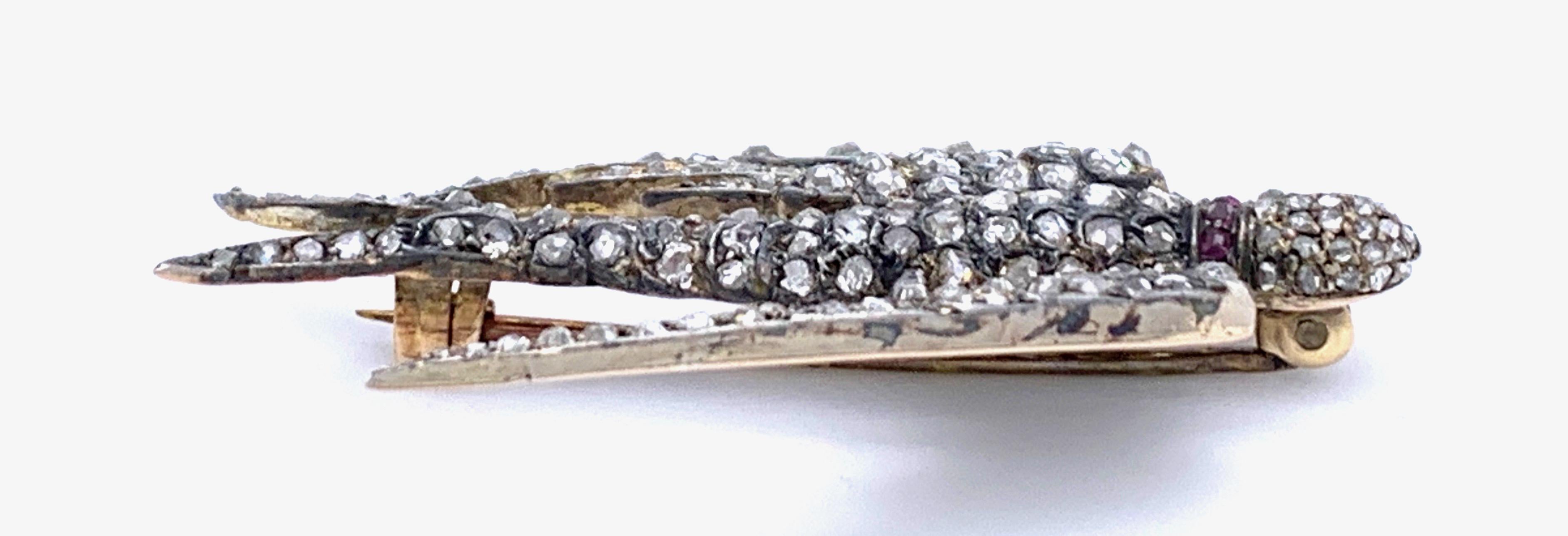 Antike antike Swallow Dive Diamant Silber Gold Emaille Brosche Damen im Angebot
