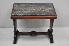 Antique Swan Carved Walnut Regency Style Marble-Top Accent Side Table