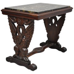 Antique Swan Carved Walnut Regency Style Marble-Top Accent Side Table