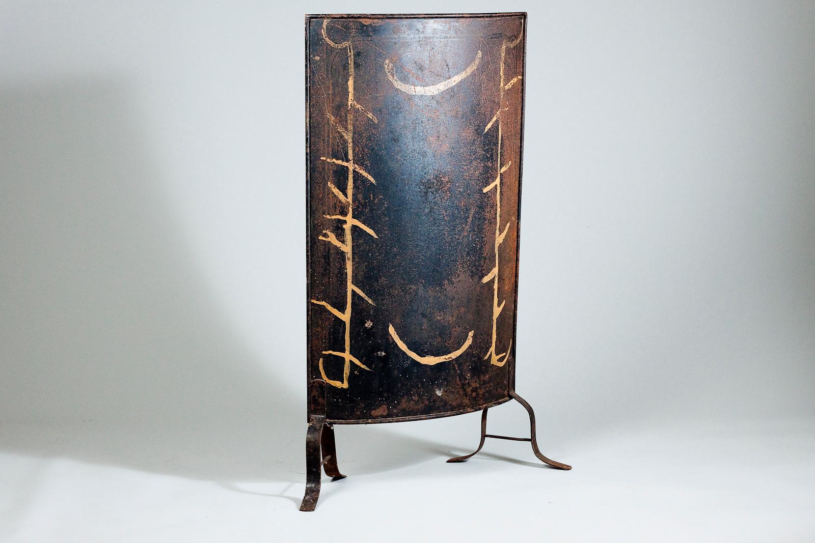 Patinated 1890s Swedish black metal fire screen / guard. Perfect for your tiled stove or any fire place.