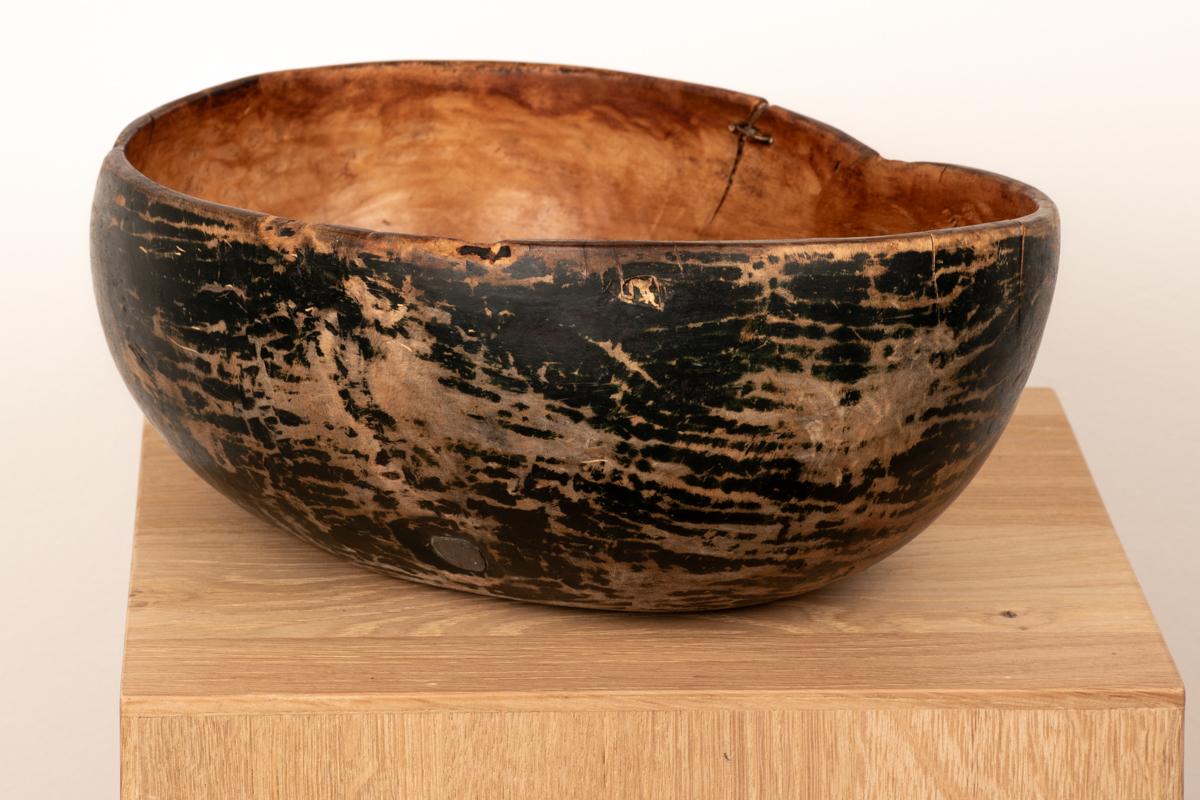 Folk Art Antique Swedish Primitive Wooden Bowl – 19th Century, Partially Painted For Sale