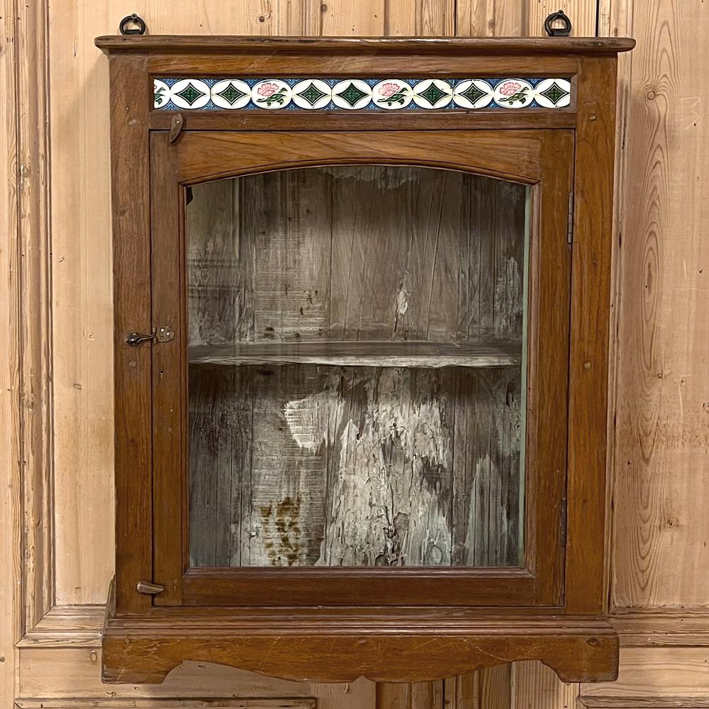 Hand-Crafted Antique Swedish Arts & Crafts Wall Cabinet with Hand-Painted Tiles For Sale
