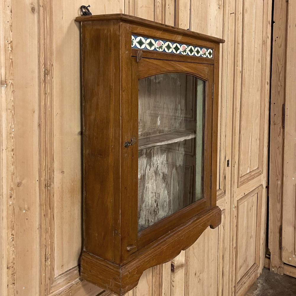Antique Swedish Arts & Crafts Wall Cabinet with Hand-Painted Tiles In Good Condition For Sale In Dallas, TX