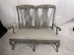 Antique Swedish Baroque Double Chair-Back Settee in Grey Painted Wood