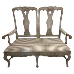 Antique Swedish Baroque Double Chair-Back Settee in Grey Painted Wood