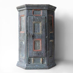 Antique Swedish Baroque Painted Corner Cabinet Cupboard, 17th Century