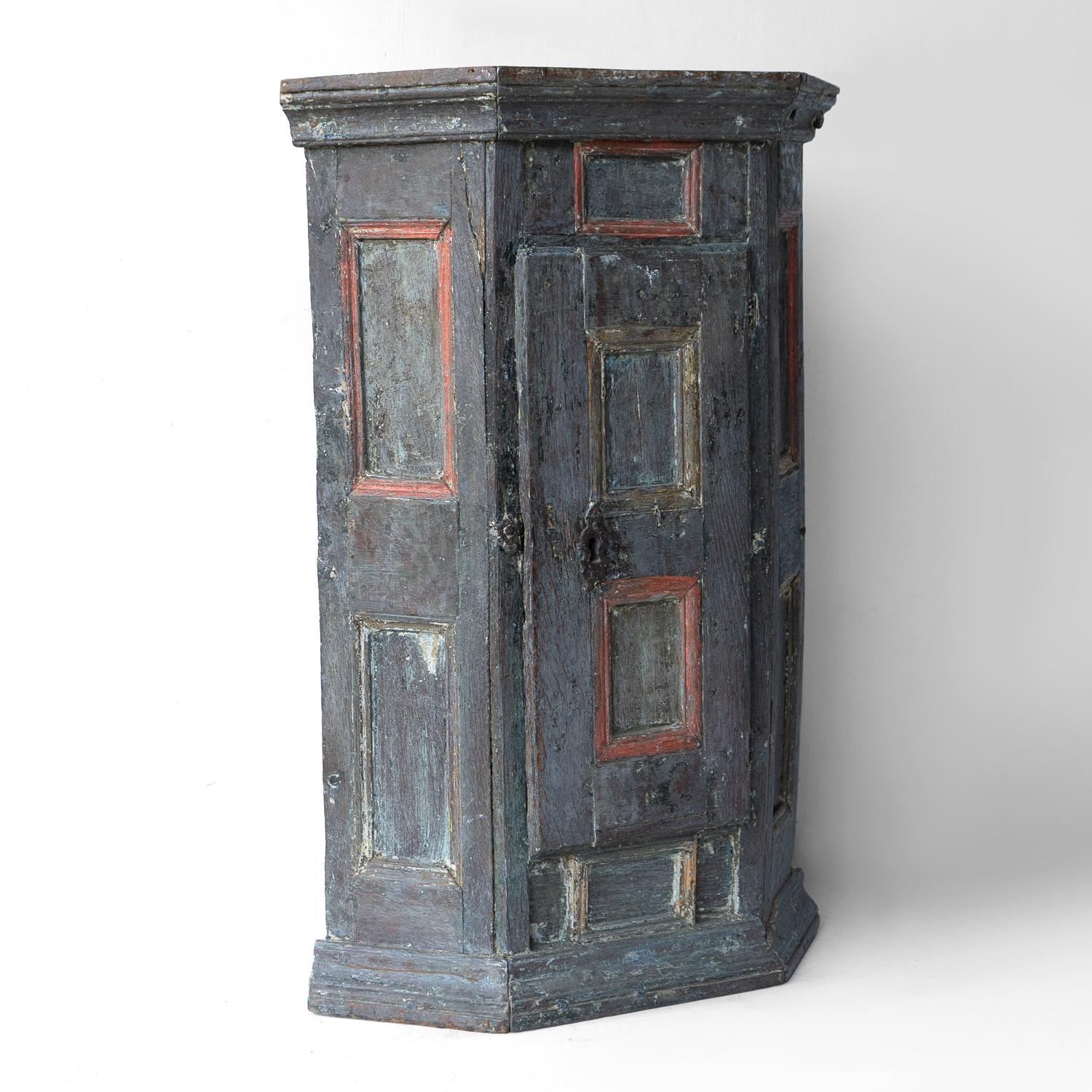 18th Century and Earlier Antique Swedish Baroque Painted Corner Cabinet Cupboard, 17th Century For Sale