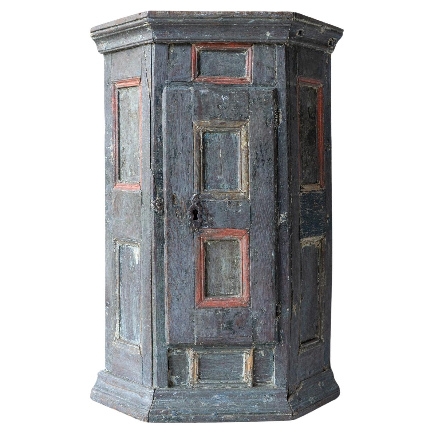 Antique Swedish Baroque Painted Corner Cabinet Cupboard, 17th Century For Sale