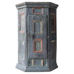 Antique Swedish Baroque Painted Corner Cabinet Cupboard, 17th Century