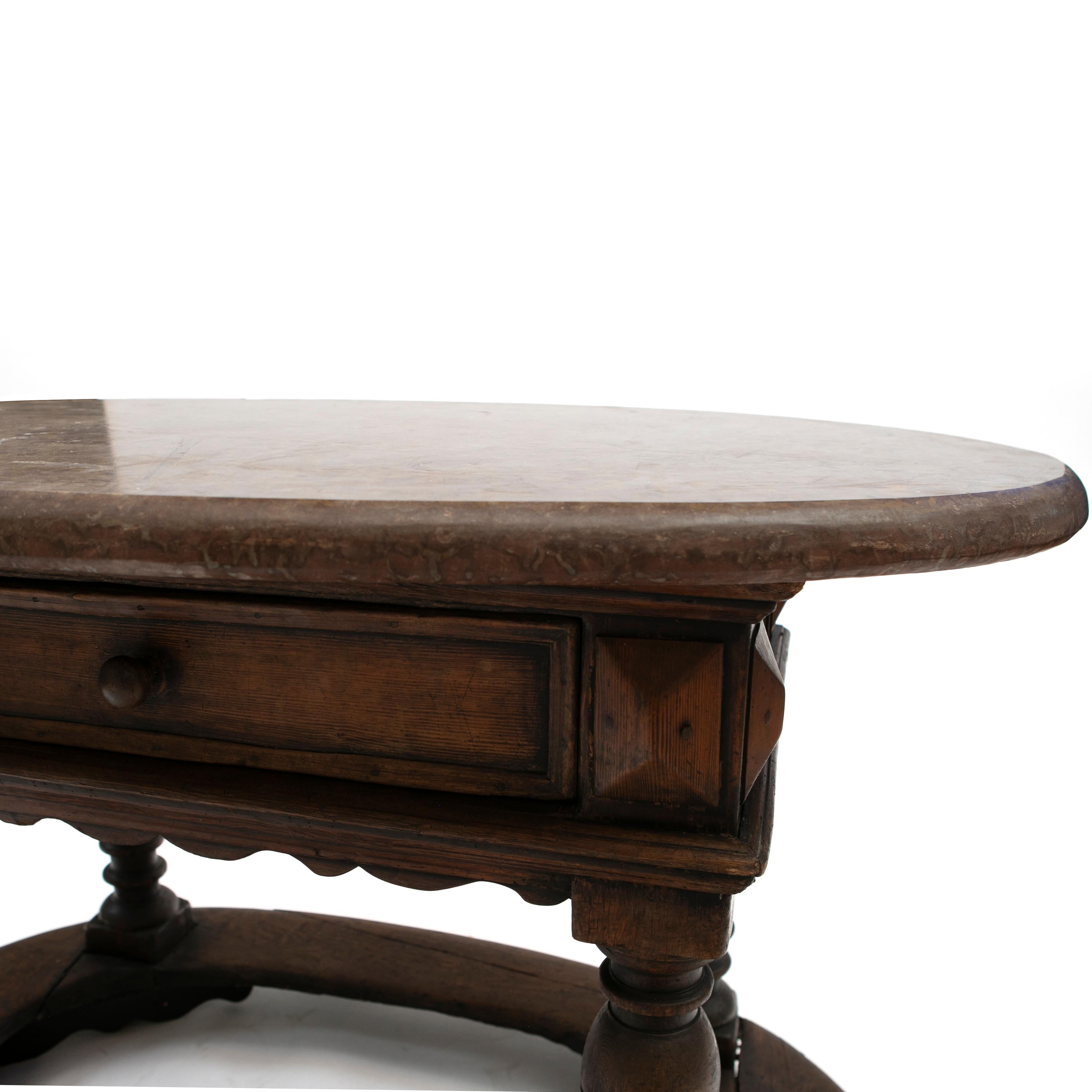 Oval Swedish Baroque Table / Center table. Oak with Fossil Limestone Top For Sale 7