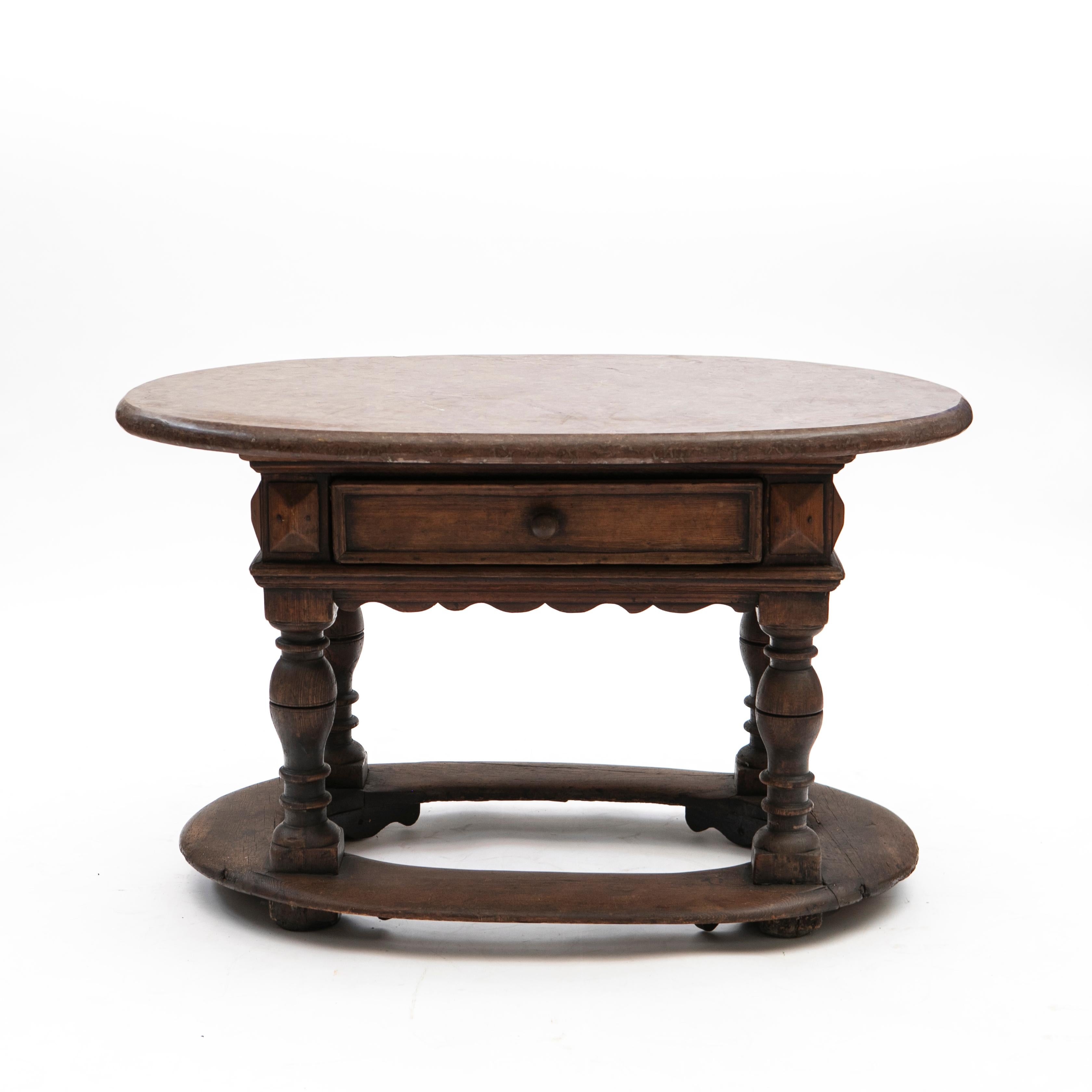 Oval Swedish Baroque Table / Center table. Oak with Fossil Limestone Top For Sale 9