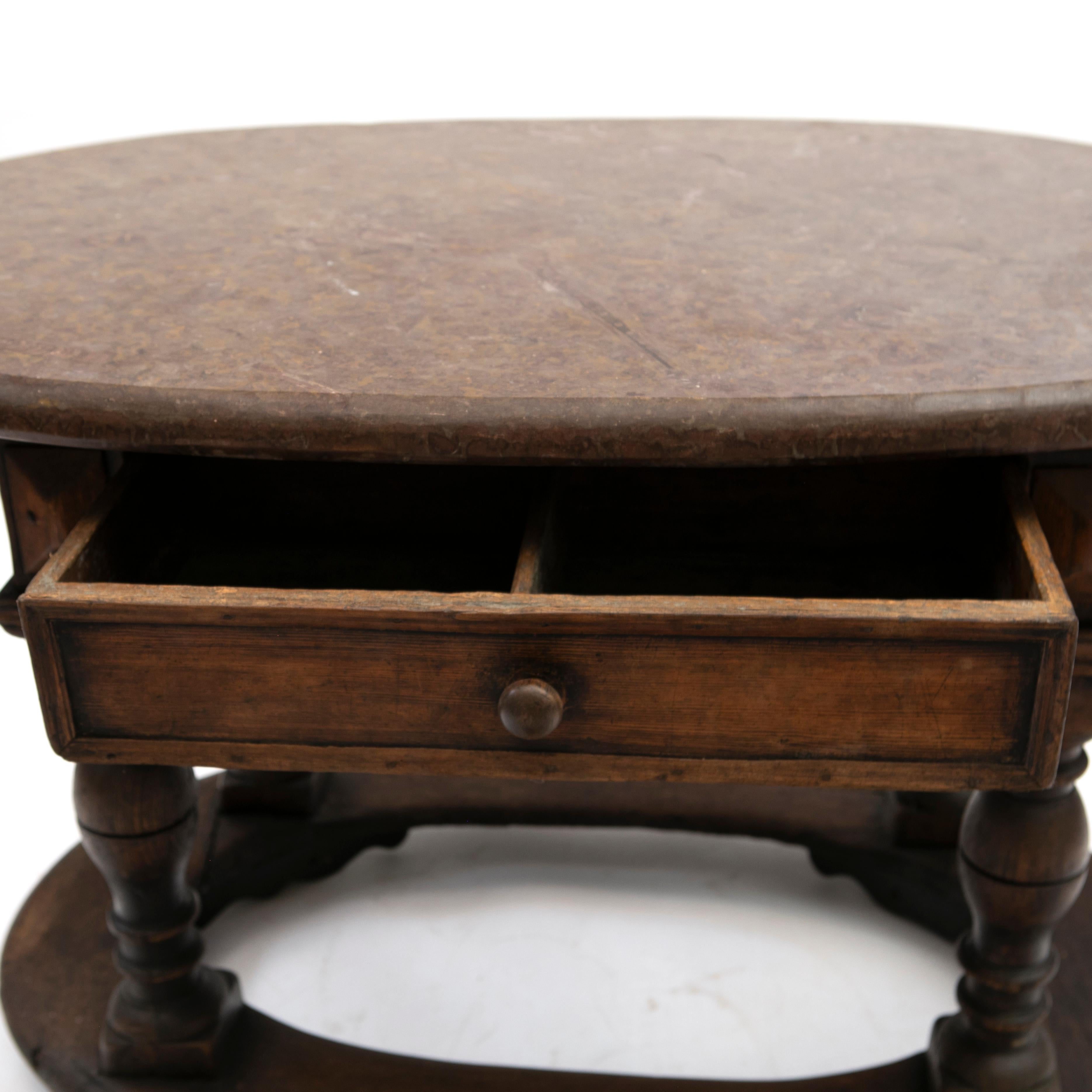 Oval Swedish Baroque Table / Center table. Oak with Fossil Limestone Top For Sale 2