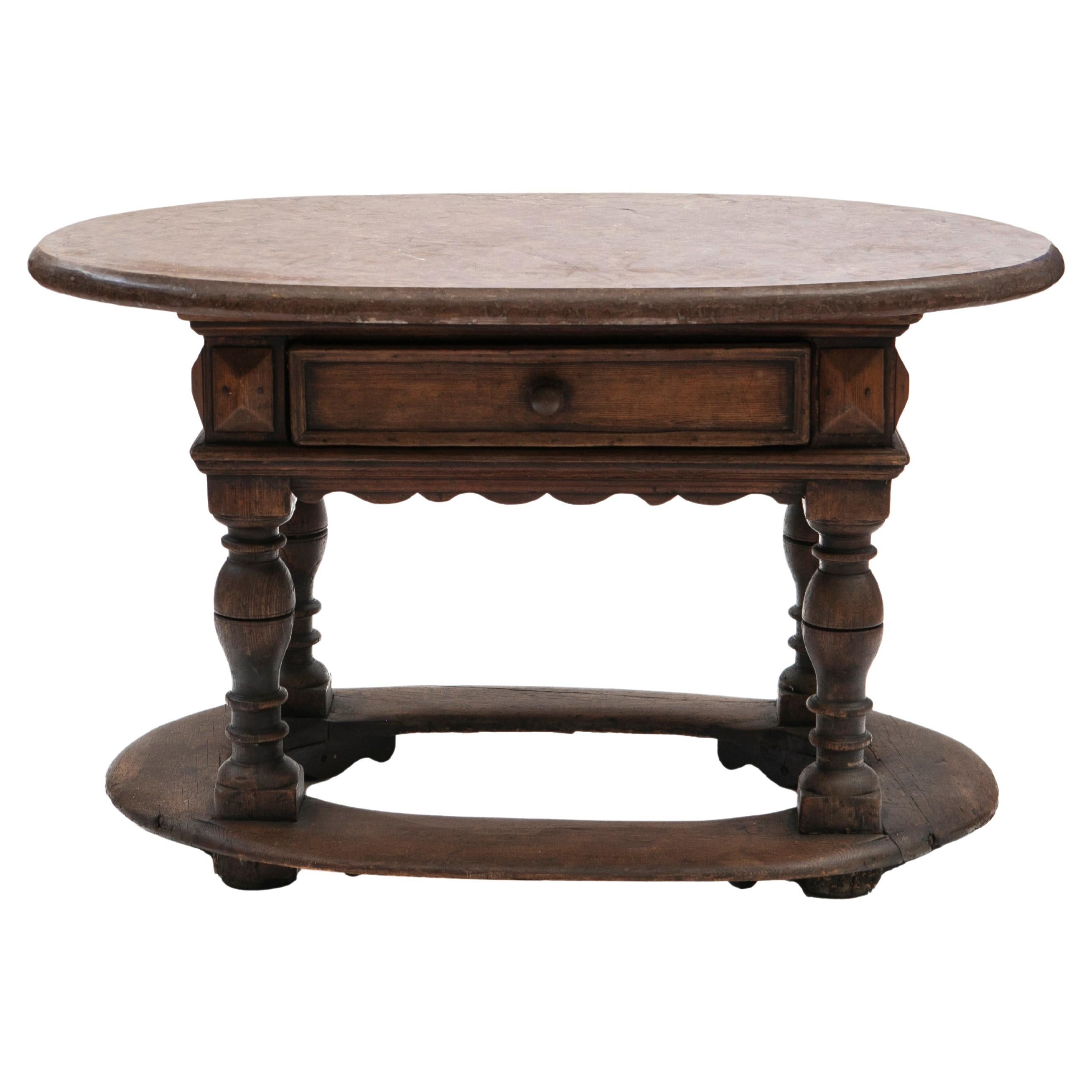 Table baroque suédoise ovale / Table centrale Oak avec plateau en pierre calcaire fossile
