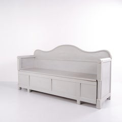 Ancien banc suédois en bois de pin peint en gris avec rangement en dessous, 1900