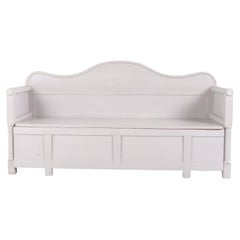 Antique Swedish Bench in Pine wood grey painted with storage underneath, 1900
s