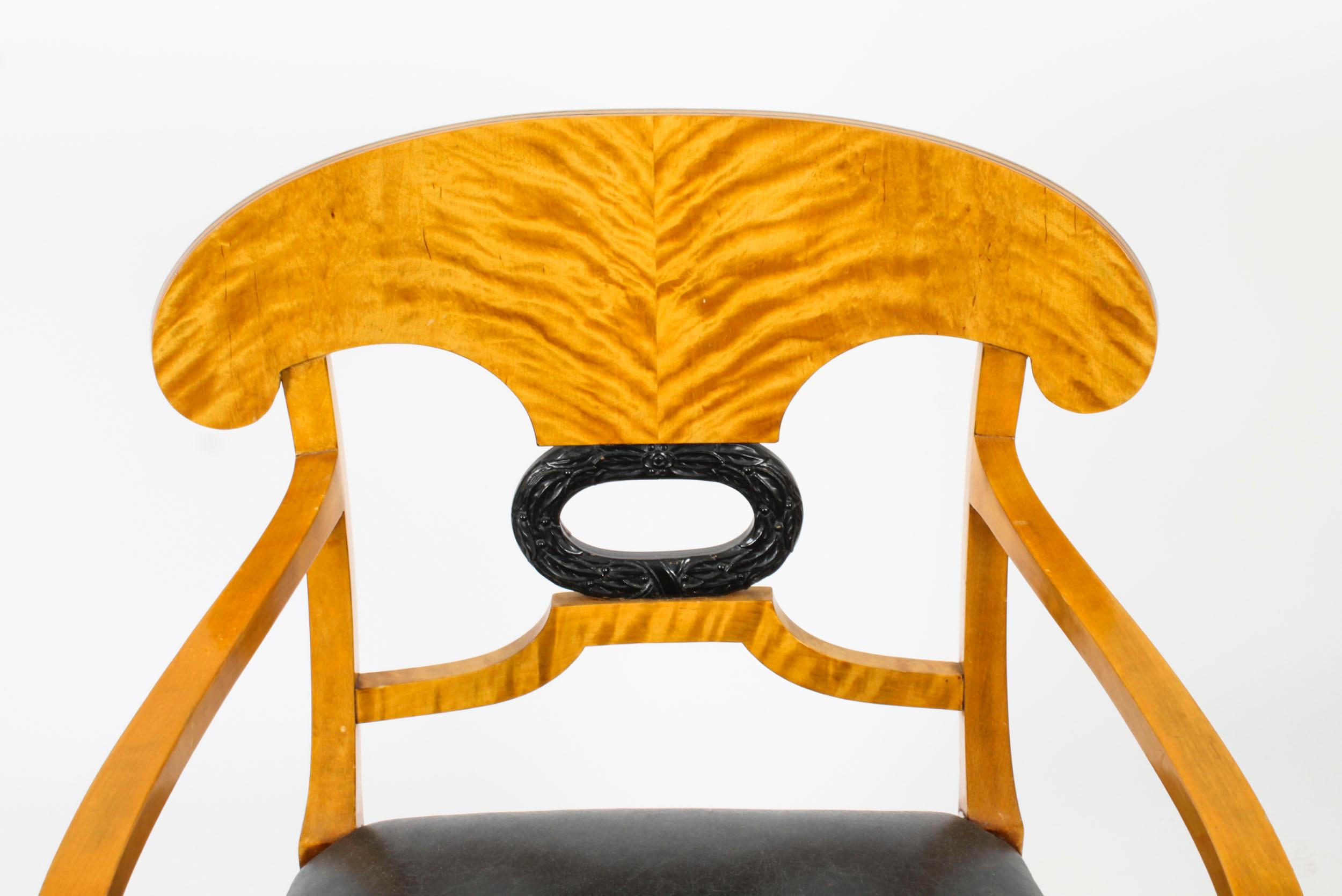 Early 20th Century Antique Swedish Biedermeier Birchwood Pair Arm Chairs & Pair Side Chairs For Sale