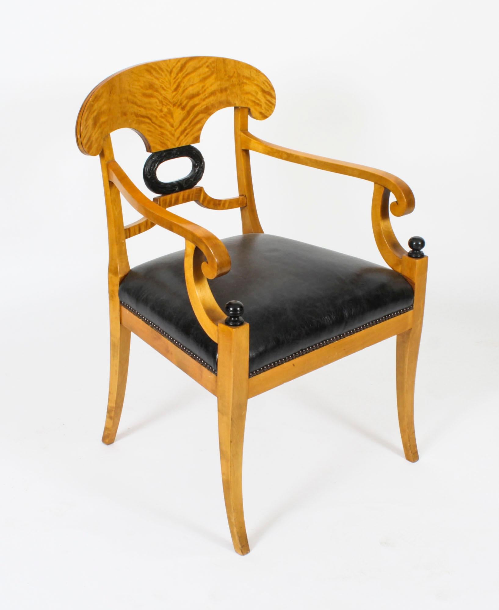 Antique Swedish Biedermeier Birchwood Pair Arm Chairs & Pair Side Chairs For Sale 2