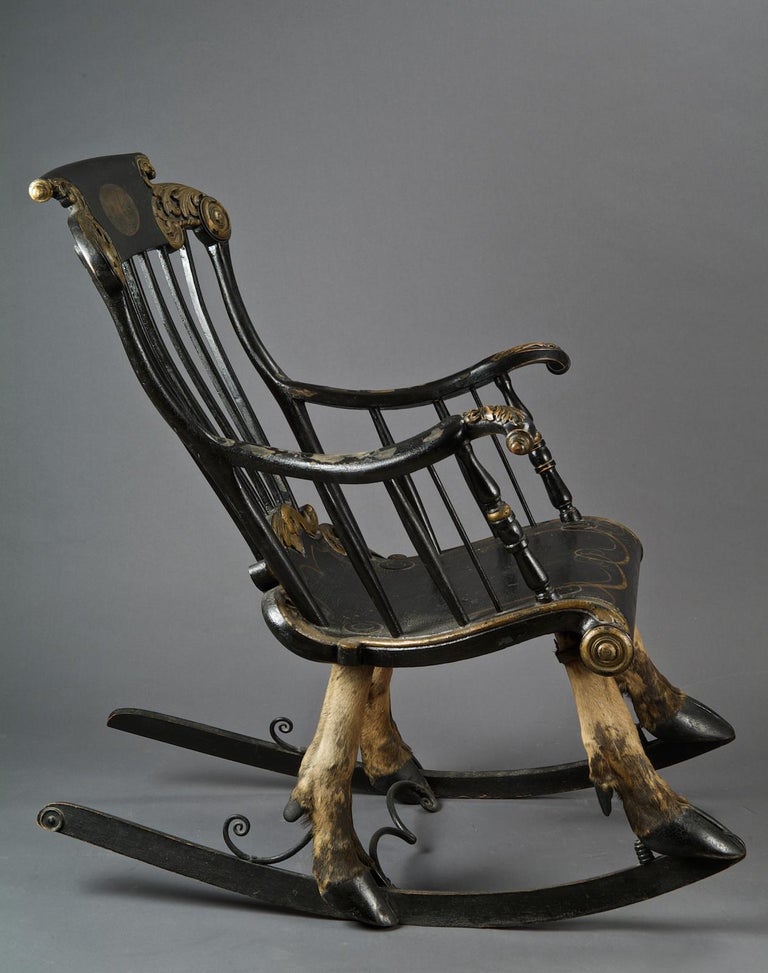 Antique Swedish Black and Golden Lacquered Rocking Armchair Mounted on ...