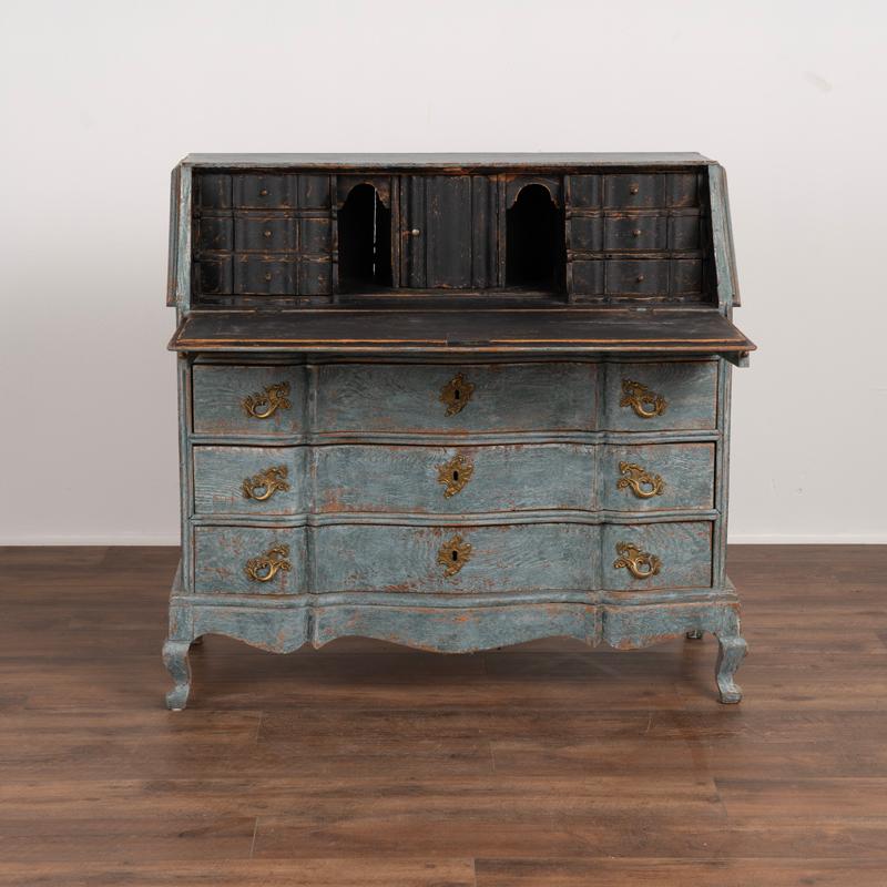 Wood Antique Swedish Blue Painted Oak Rococo Secretary Bureau