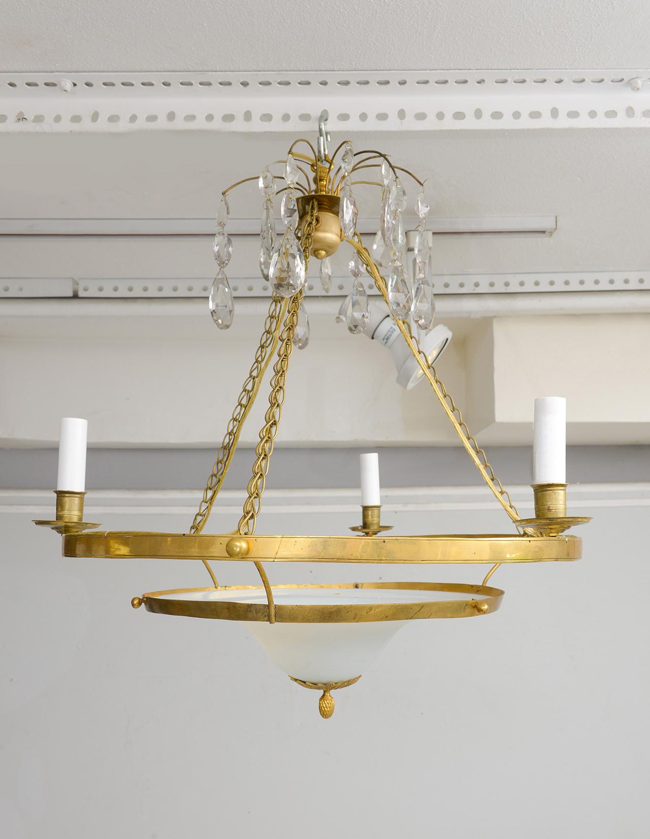 Neoclassical Antique Swedish Brass Fixture with Opaline Glass in the Neoclassic Manner For Sale