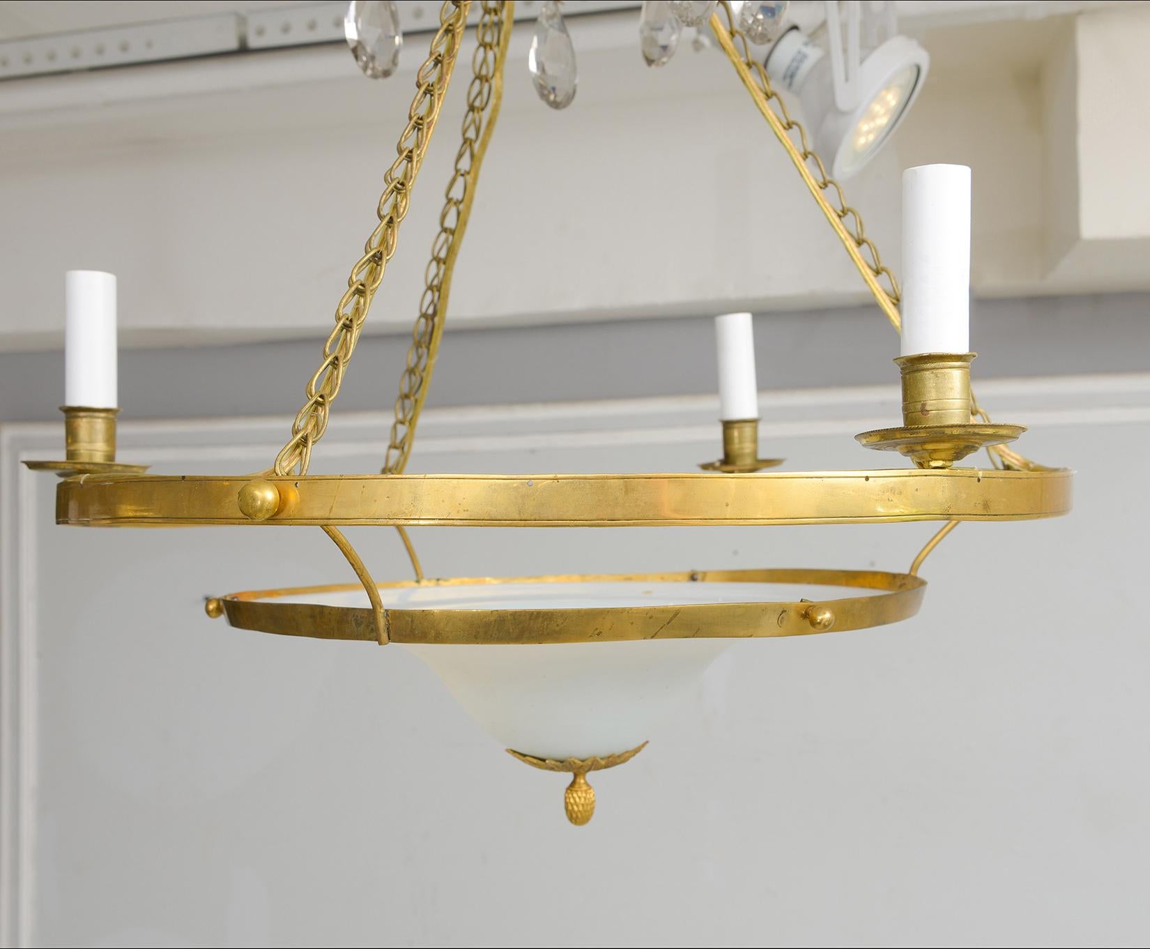 Hand-Crafted Antique Swedish Brass Fixture with Opaline Glass in the Neoclassic Manner For Sale