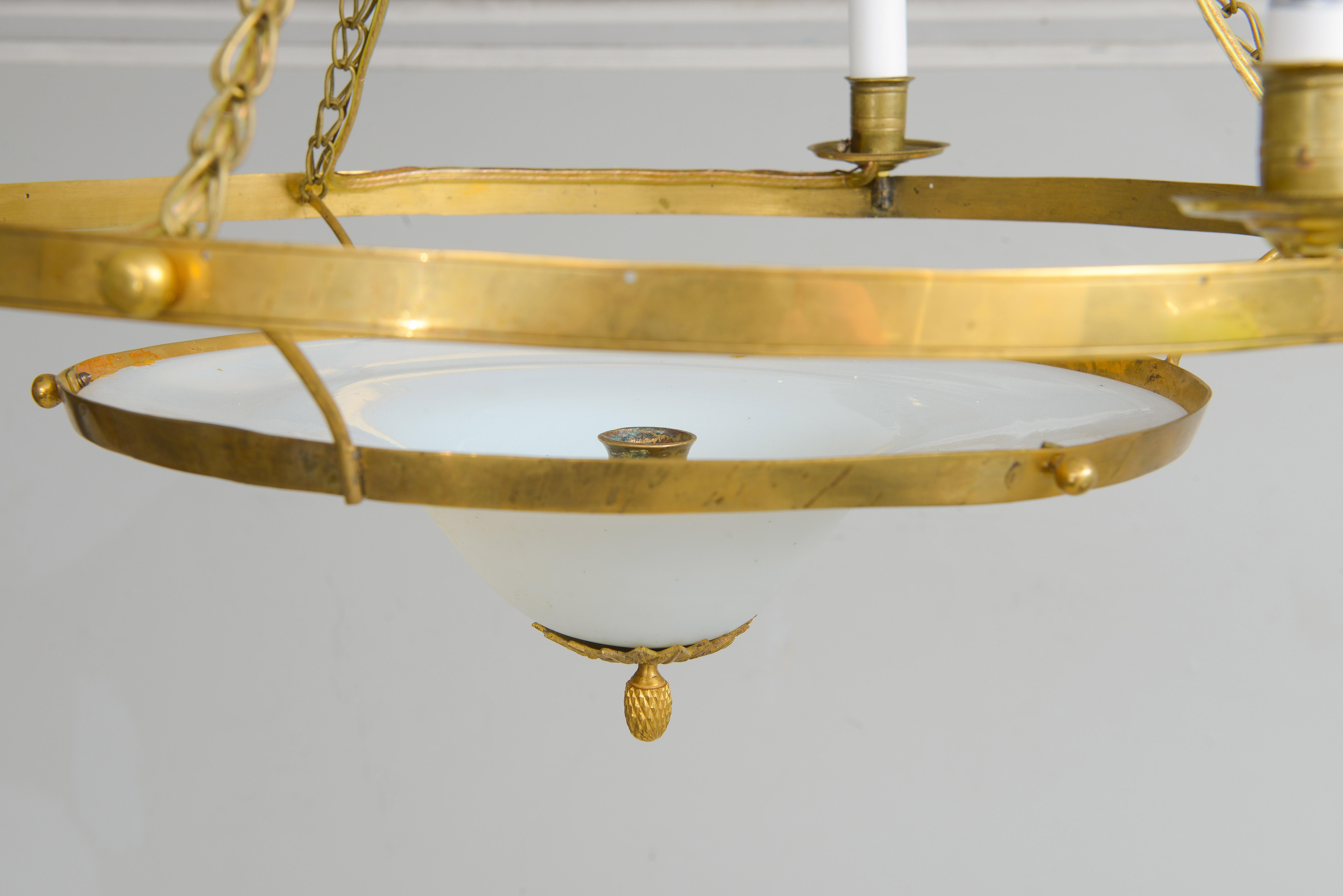 Antique Swedish Brass Fixture with Opaline Glass in the Neoclassic Manner In Good Condition For Sale In New York, NY