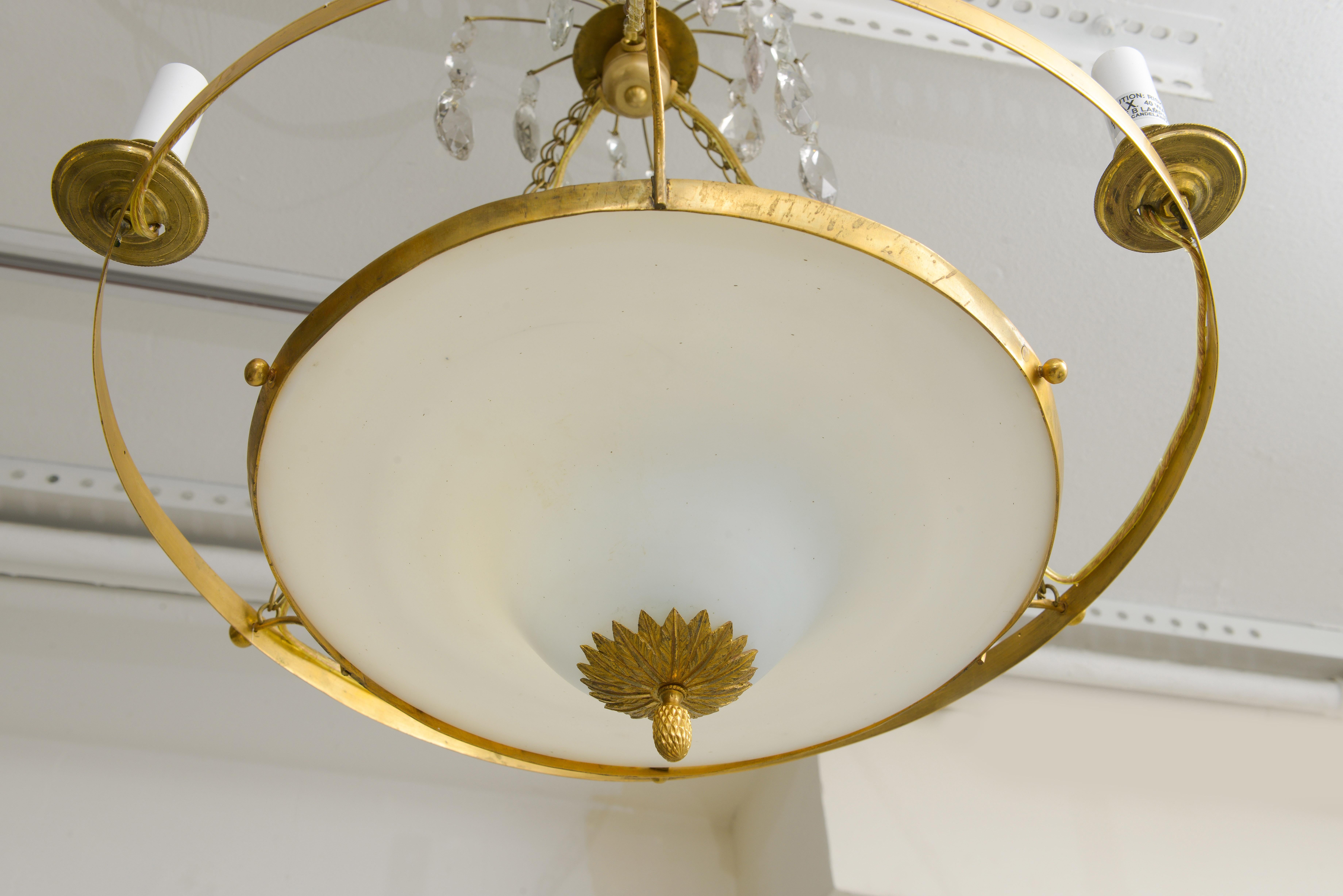 Antique Swedish Brass Fixture with Opaline Glass in the Neoclassic Manner For Sale 1