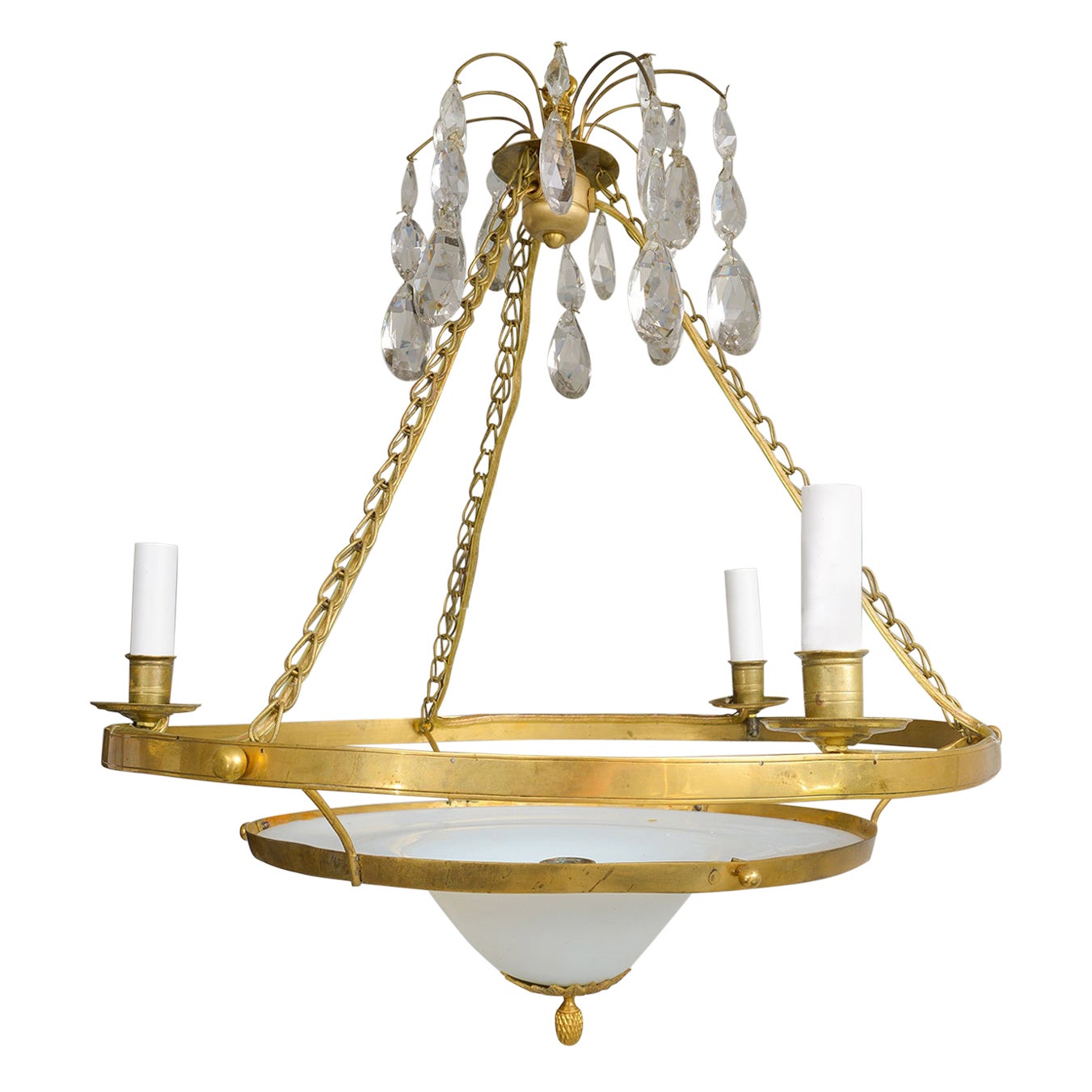 Lámpara sueca antigua de latón con cristal opalino de estilo neoclásico
