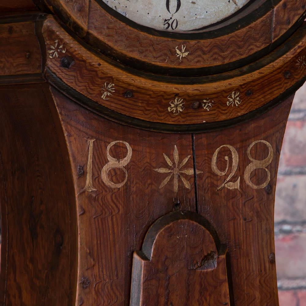 Antique Swedish Brown Mora Grandfather Clock, Dated 1828 In Good Condition In Round Top, TX