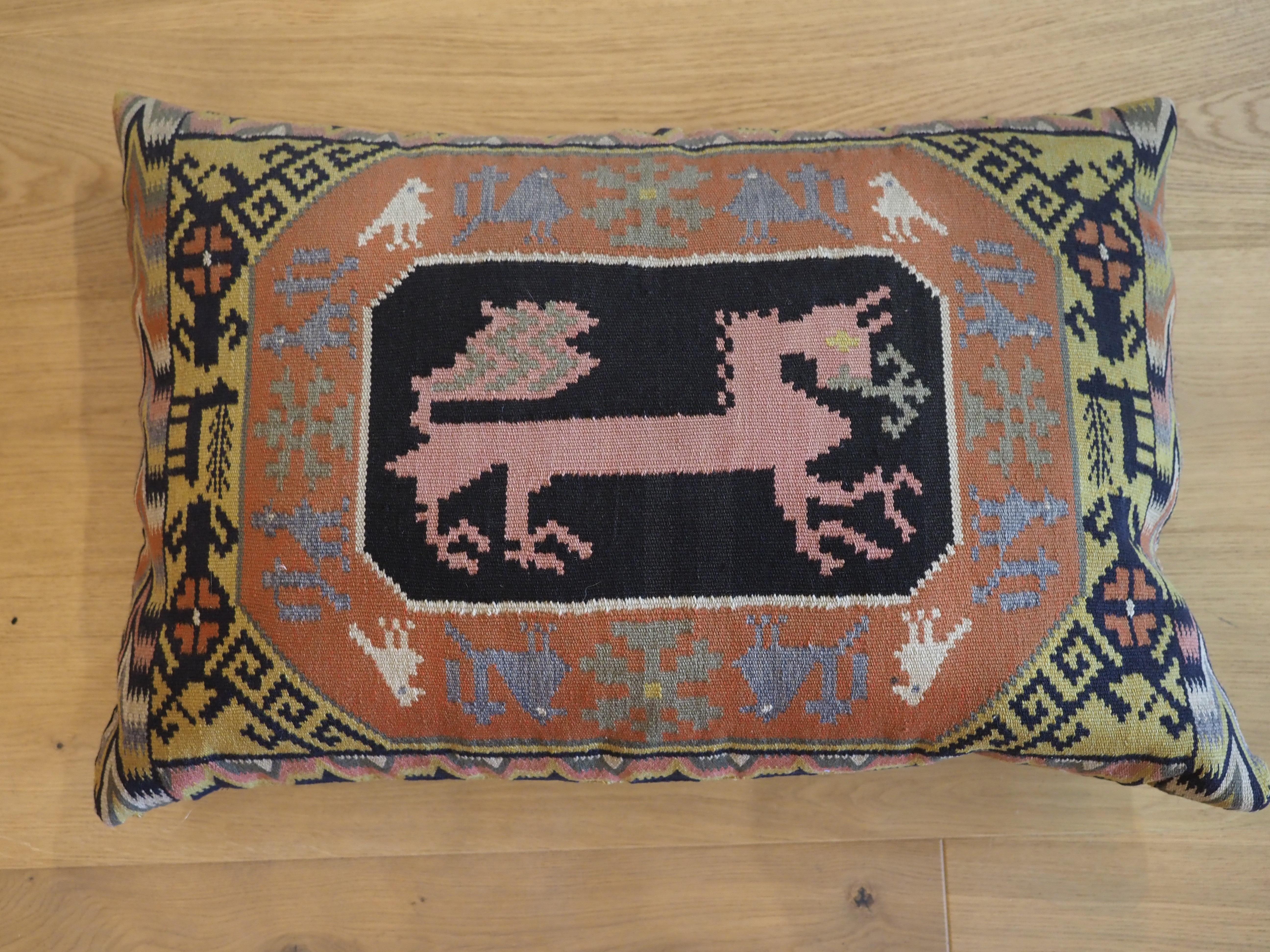 Size: 2ft 4in x 1ft 7in (70 x 48cm).

Antique Swedish carriage cushion, filled and ready for use.

Mid 19th century.

This beautiful carriage cushion has a truly outstanding design with a single large animal.... maybe a horse; surrounded by small