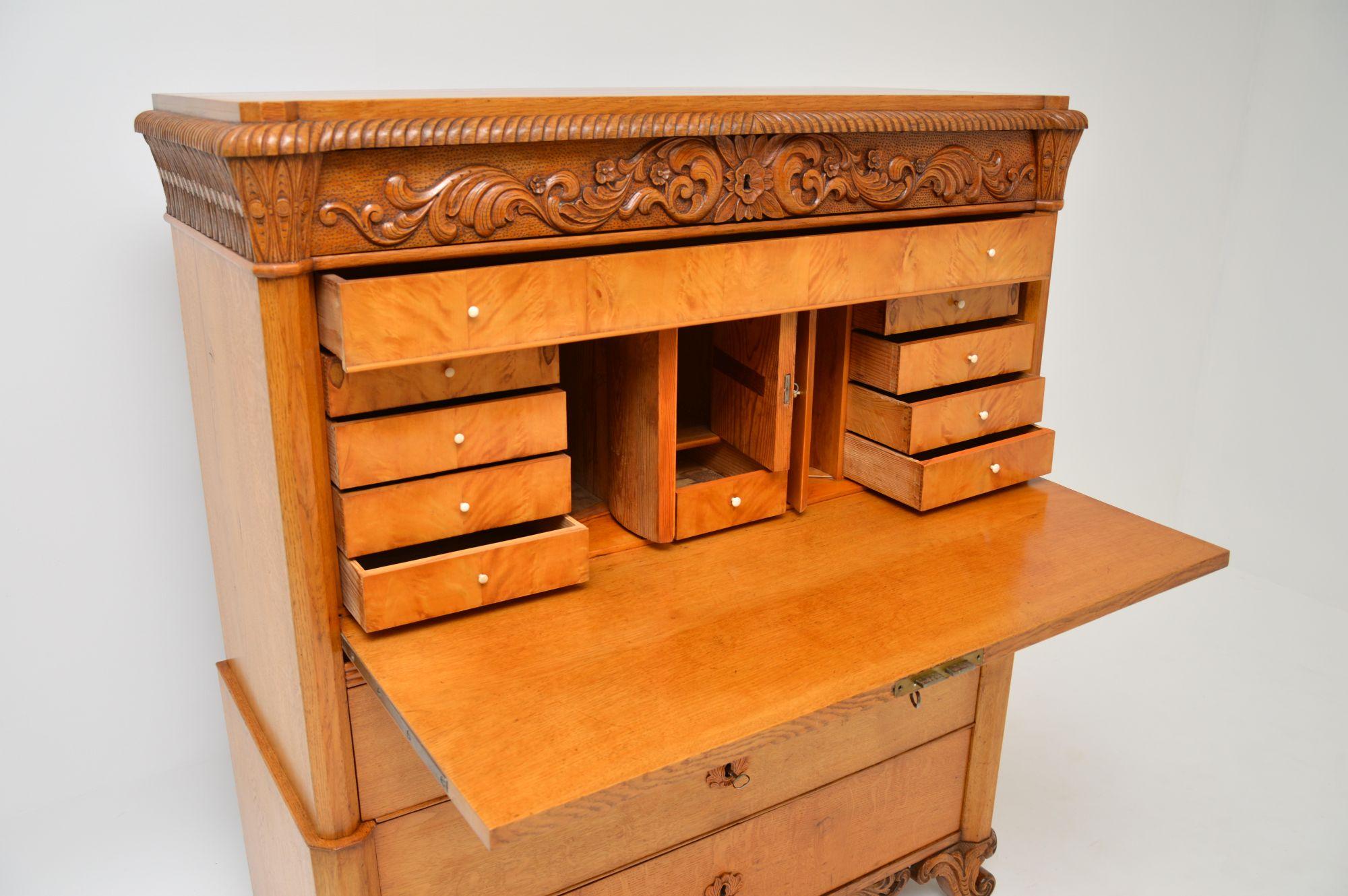 19th Century Antique Swedish Carved Oak Secretaire Chest