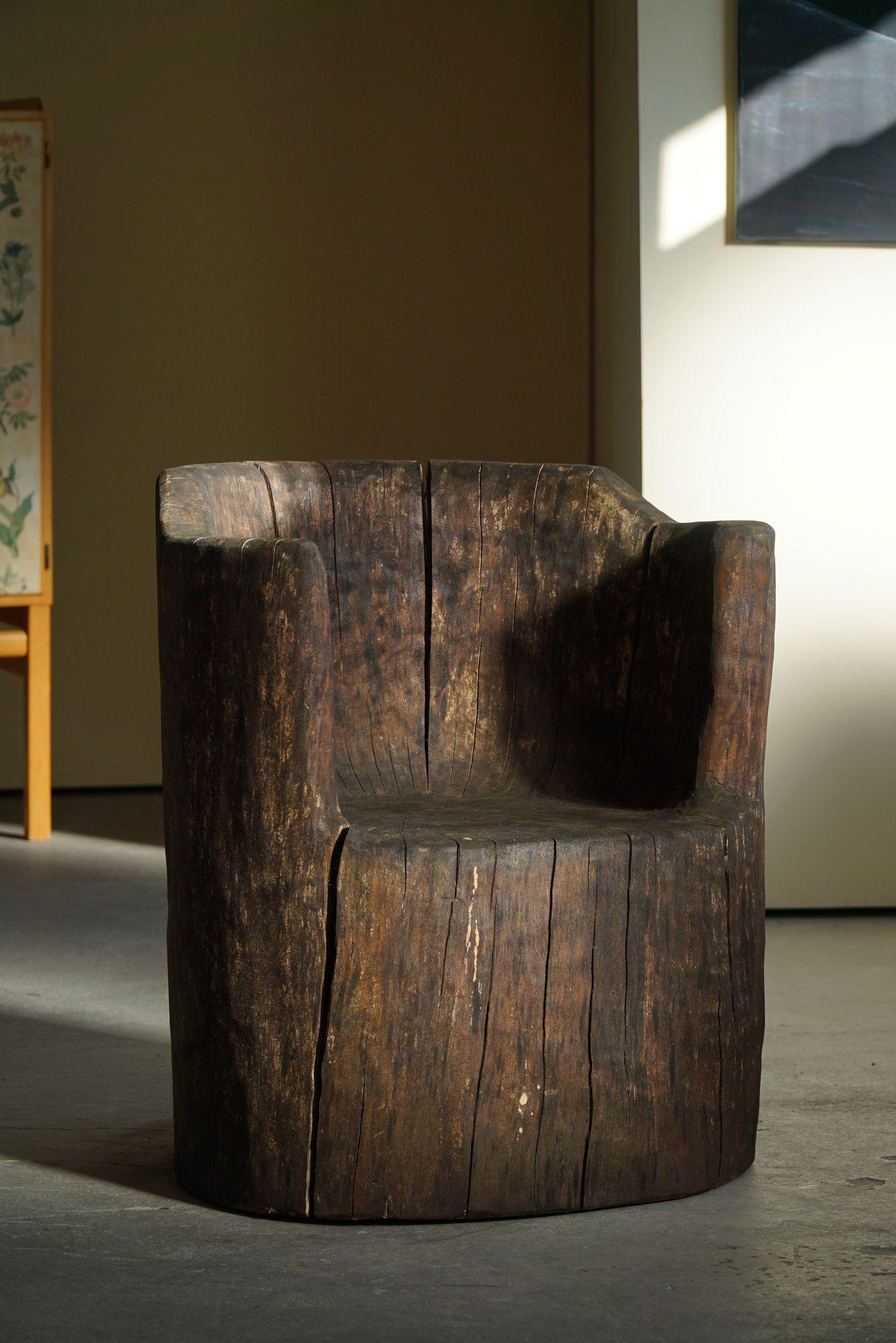 Antique Swedish Carved Primitive Wabi Sabi Brutalist Stump Chair, Early 20th C 8