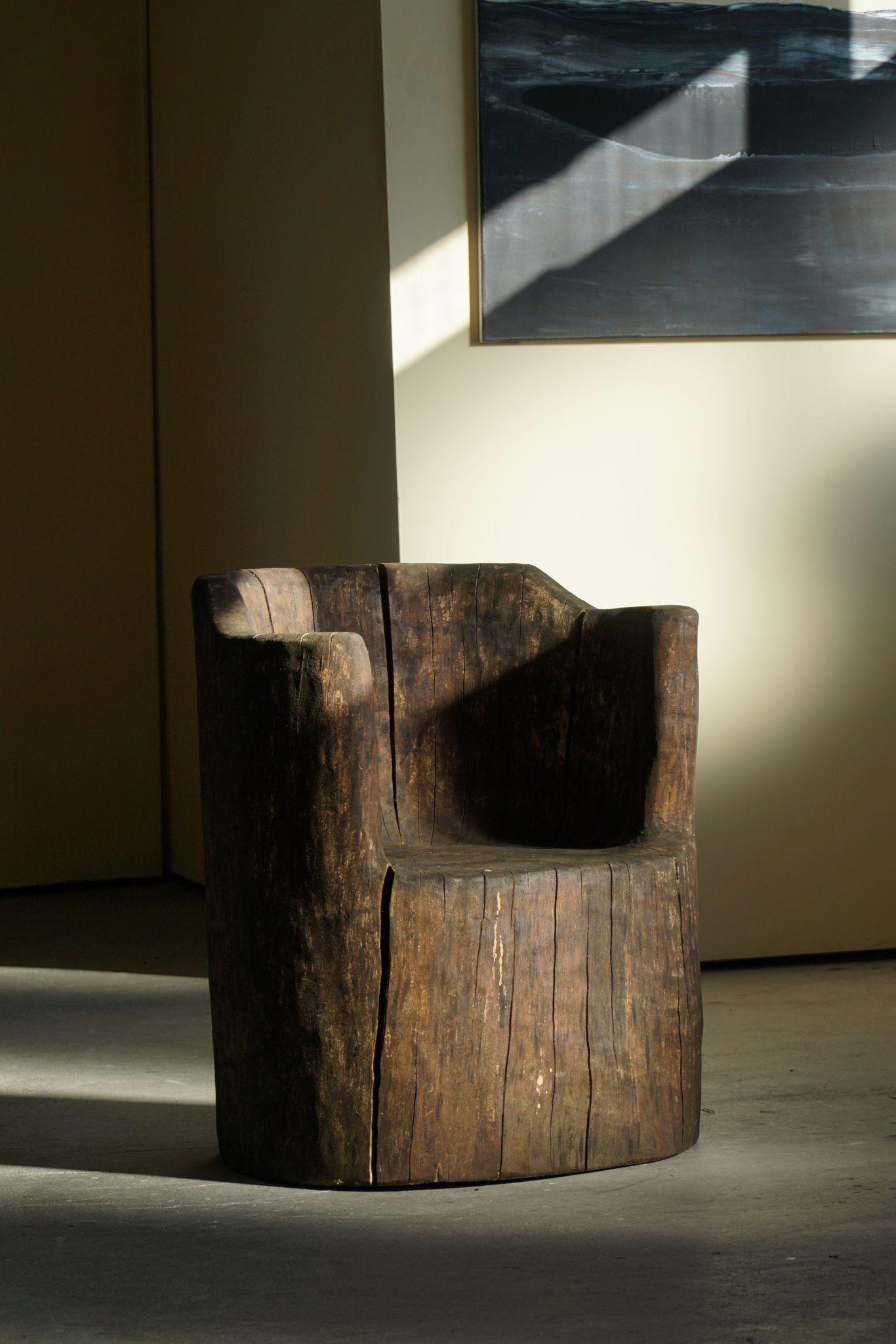 Antique Swedish Carved Primitive Wabi Sabi Brutalist Stump Chair, Early 20th C 2