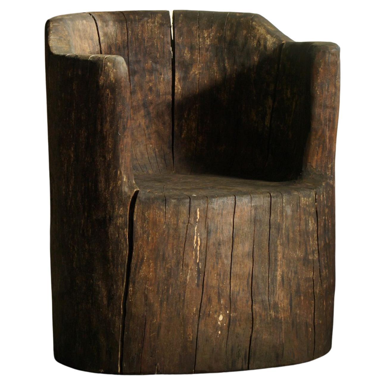 Antique Swedish Carved Primitive Wabi Sabi Brutalist Stump Chair, Early 20th C