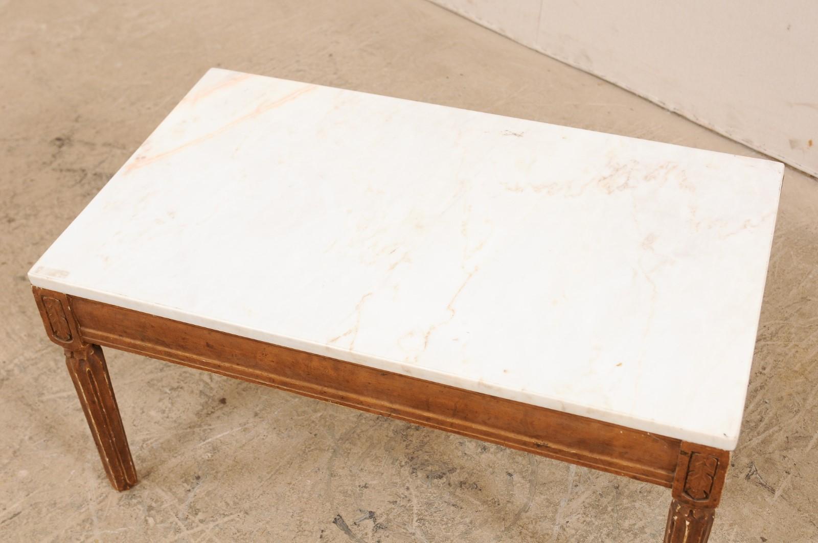 Antique Swedish Carved Wood Coffee Table with White Marble Top 7
