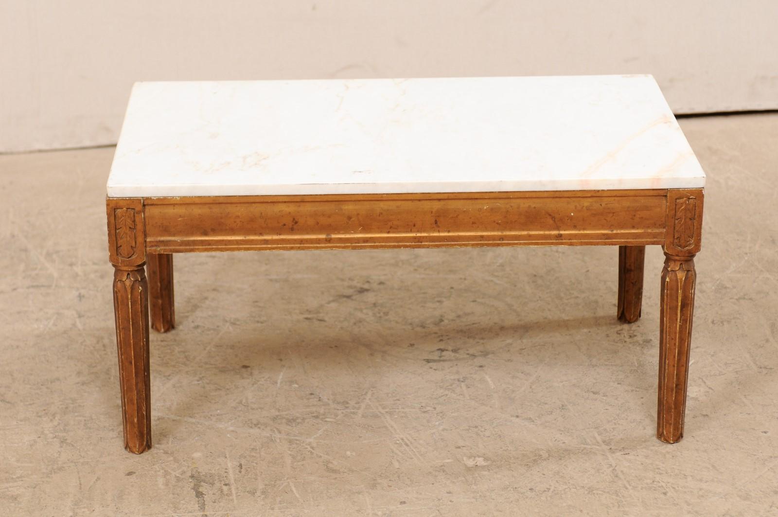Antique Swedish Carved Wood Coffee Table with White Marble Top In Good Condition In Atlanta, GA