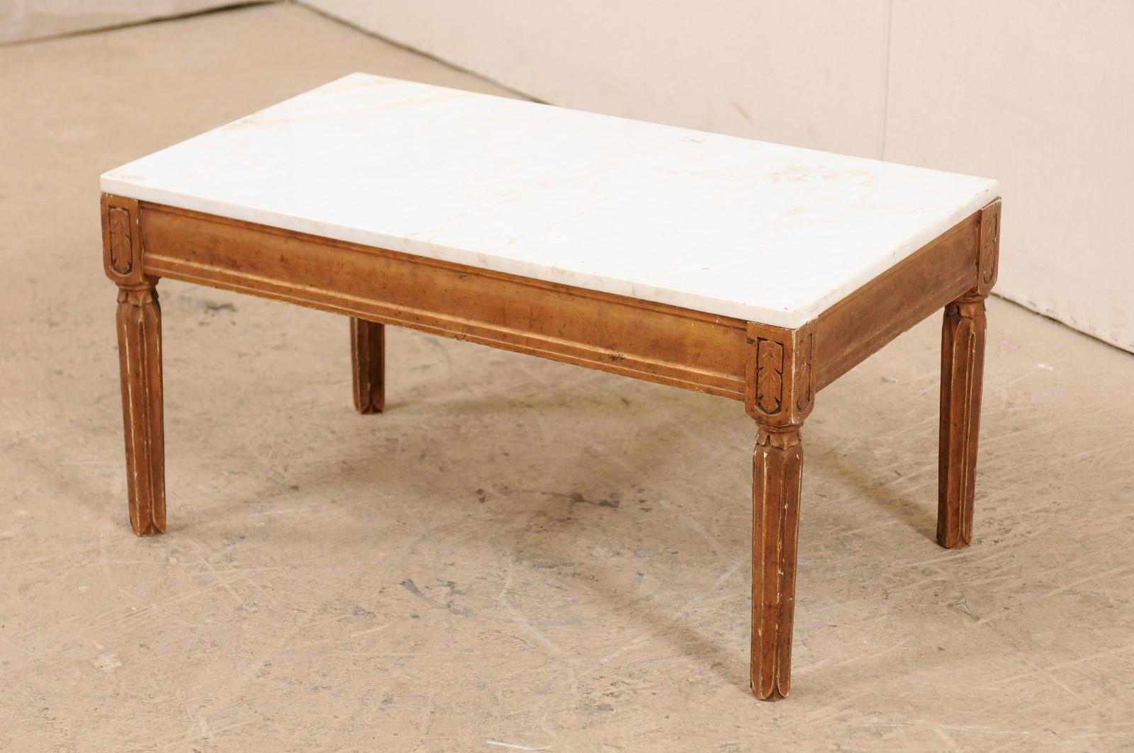 20th Century Antique Swedish Carved Wood Coffee Table with White Marble Top
