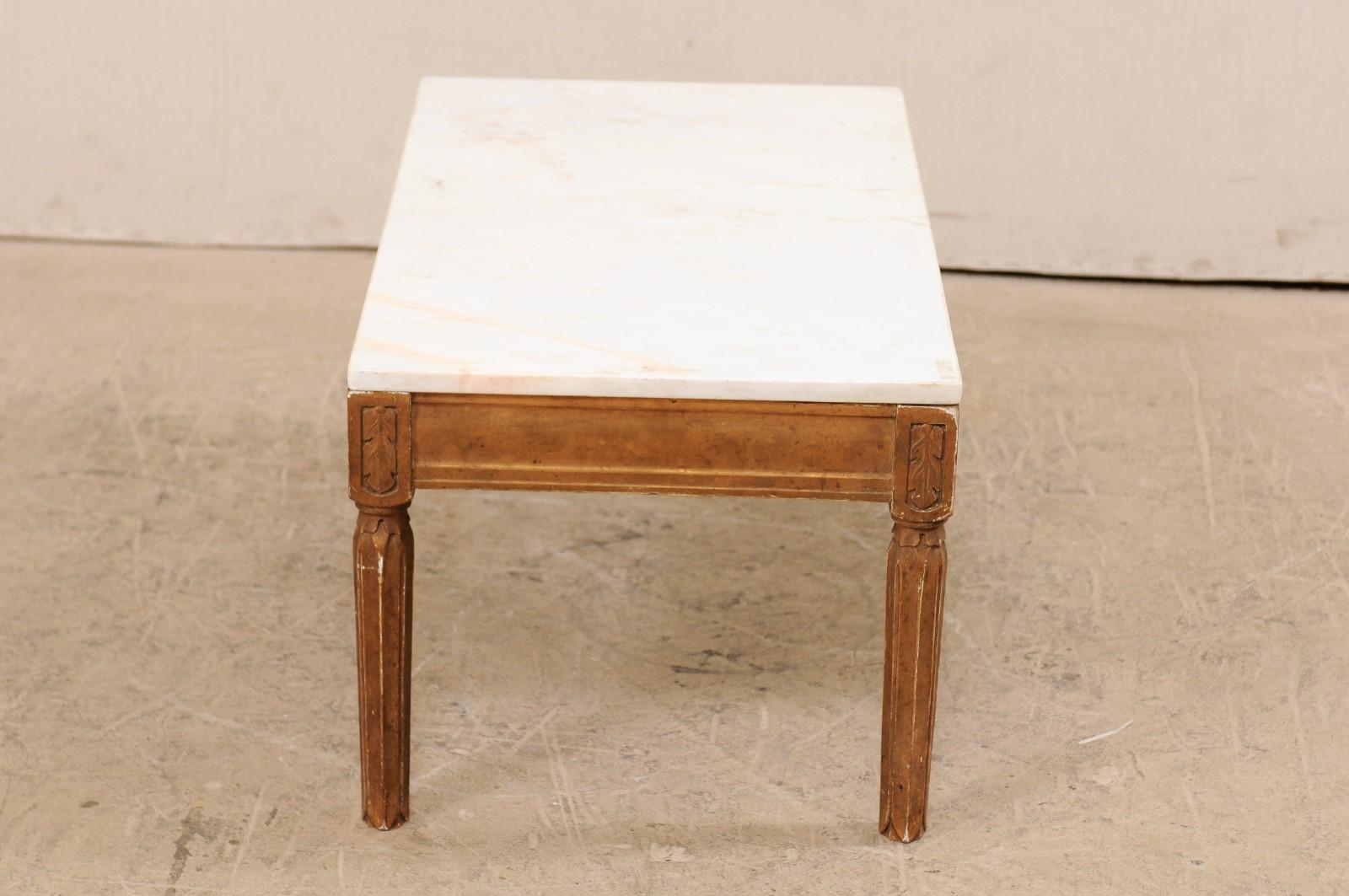 Antique Swedish Carved Wood Coffee Table with White Marble Top 1