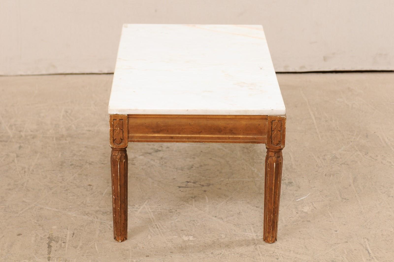 Antique Swedish Carved Wood Coffee Table with White Marble Top 2
