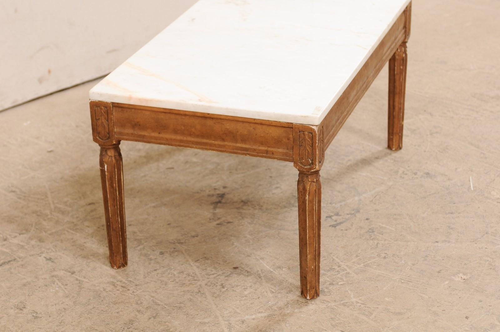 Antique Swedish Carved Wood Coffee Table with White Marble Top 3