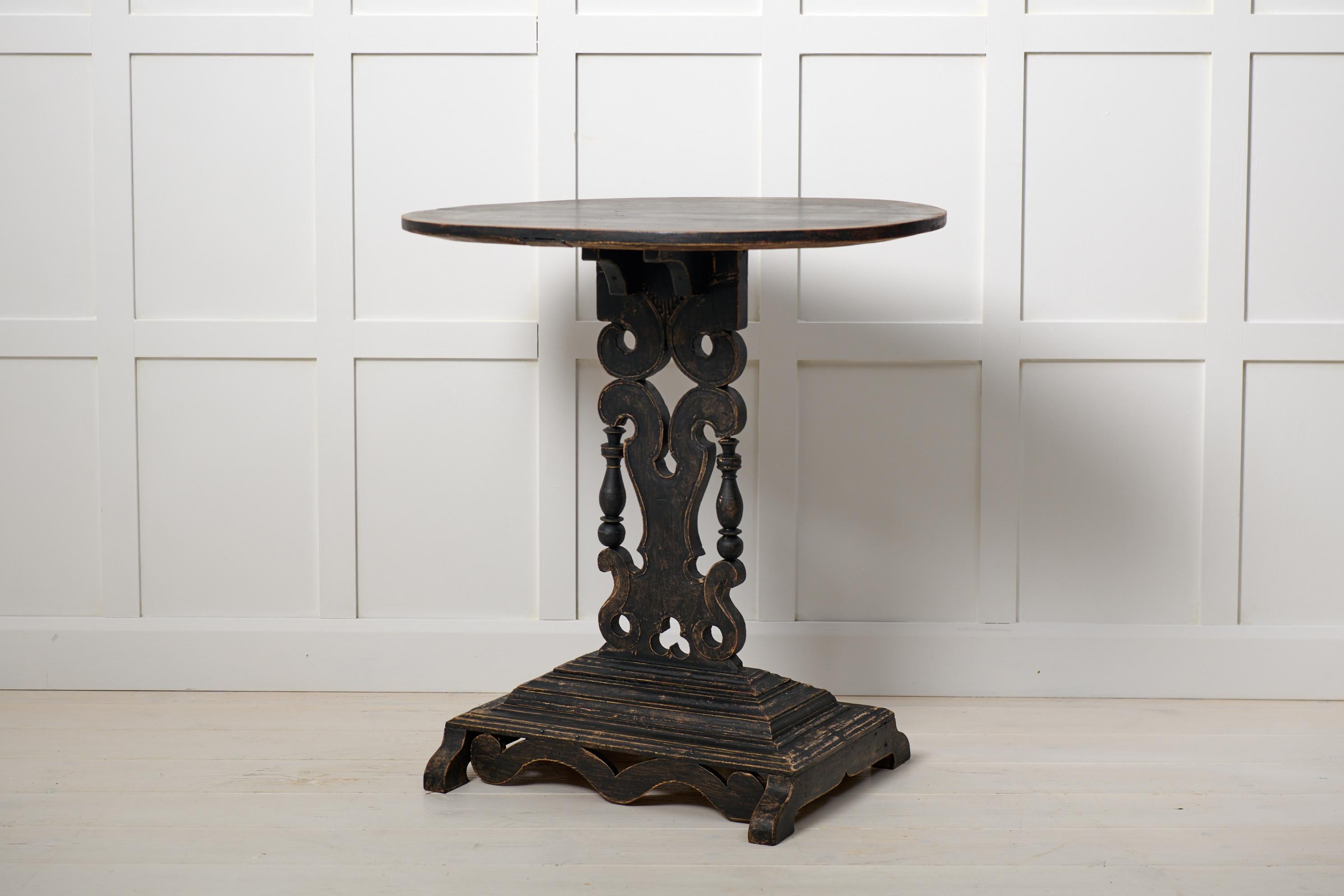 19th Century Antique Swedish Center Table, Distressed Black Paint Oval Top and Ornate Base For Sale
