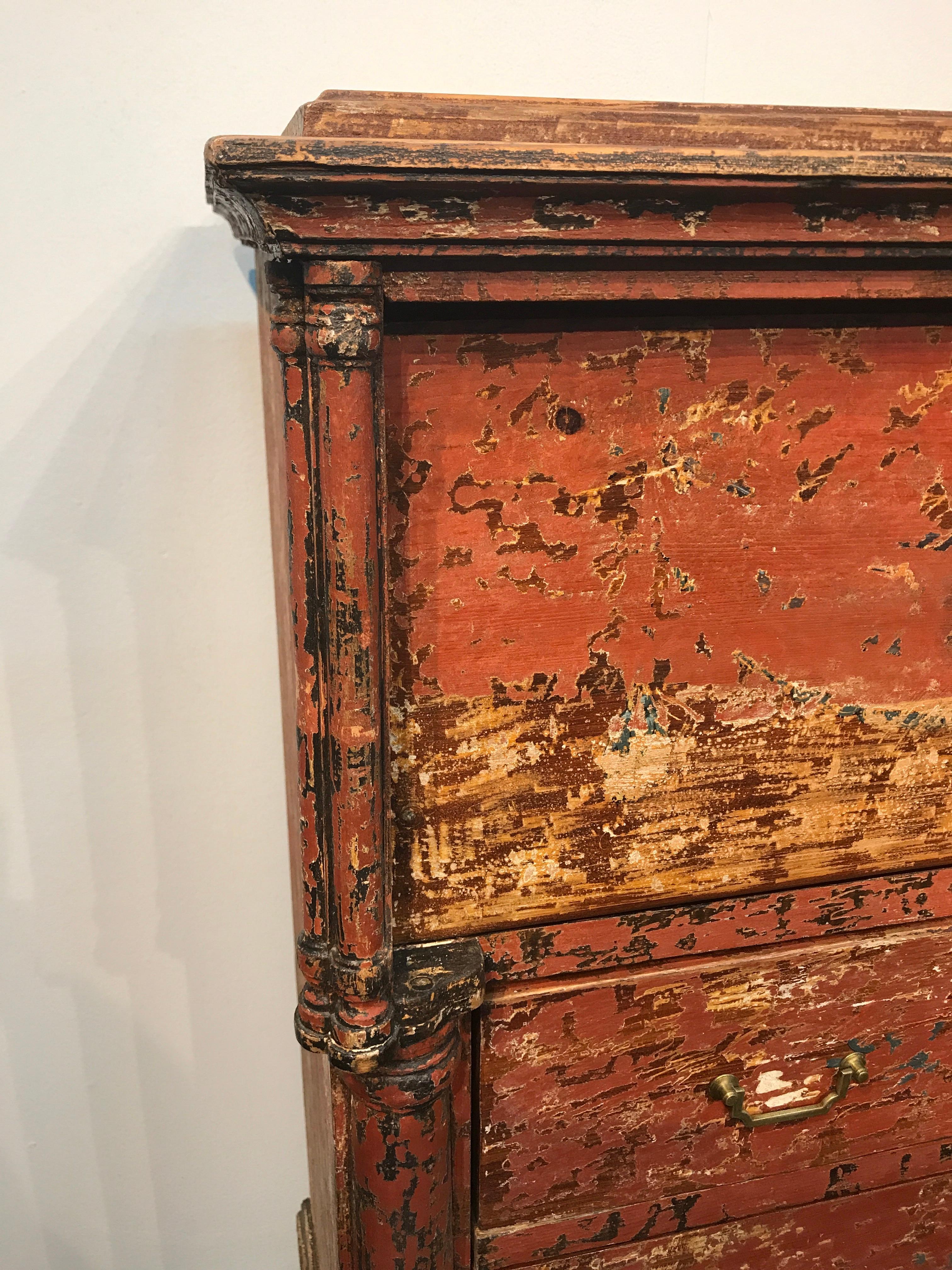 Hand-Painted Antique Swedish Chest of Drawers with Fall-Front Top Drawer, 1850s