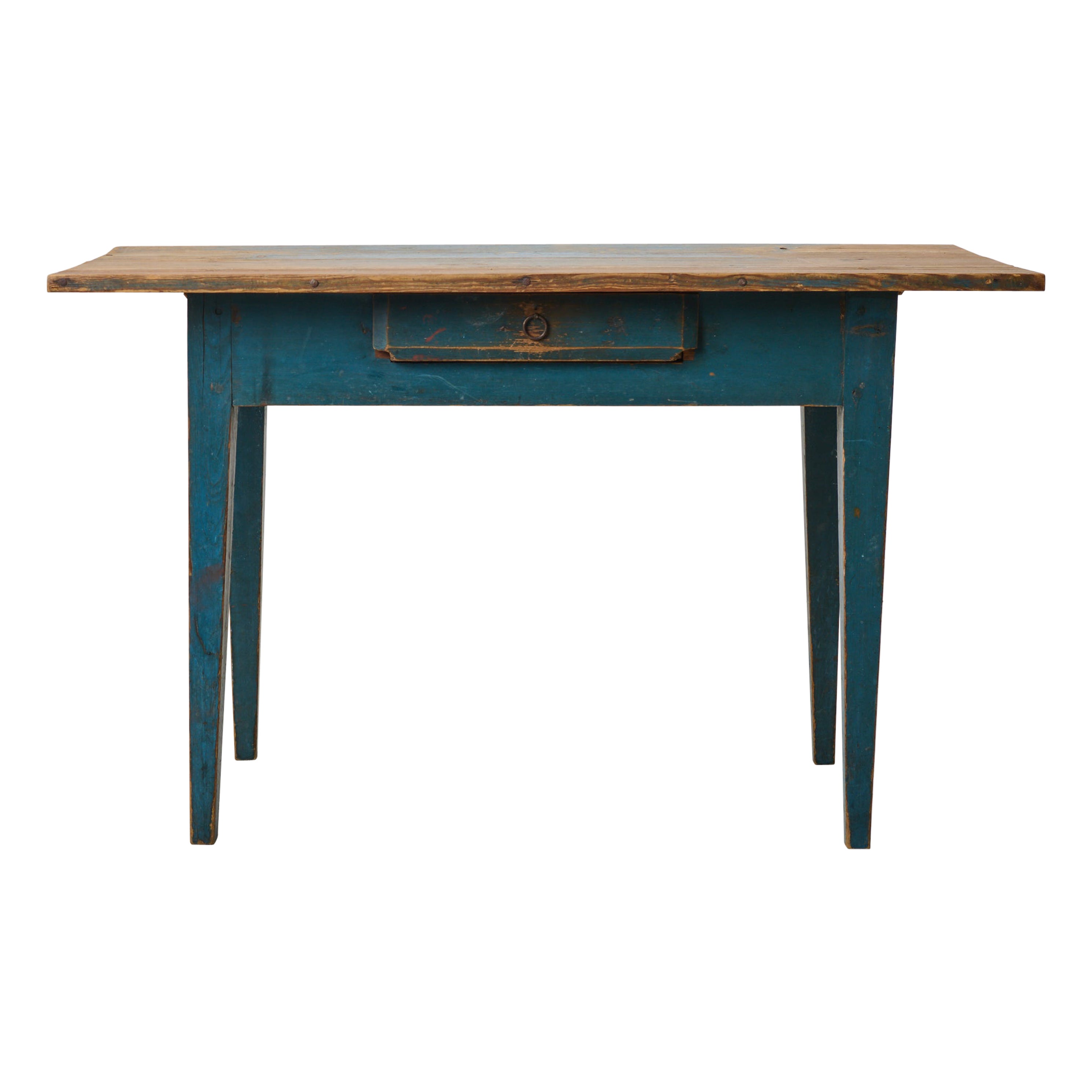 Ancienne table de maison de campagne suédoise de style gustavien avec peinture bleue d'origine