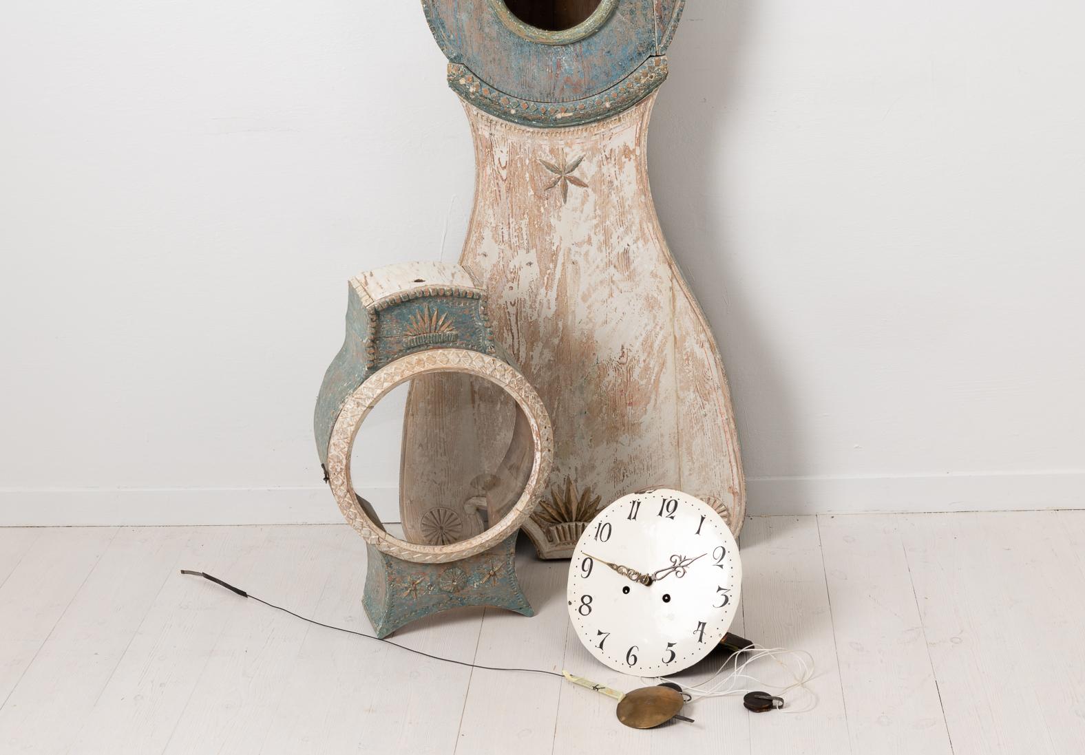 Antique Swedish Country Mora Clock in Rococo Style with Original Blue Paint 6