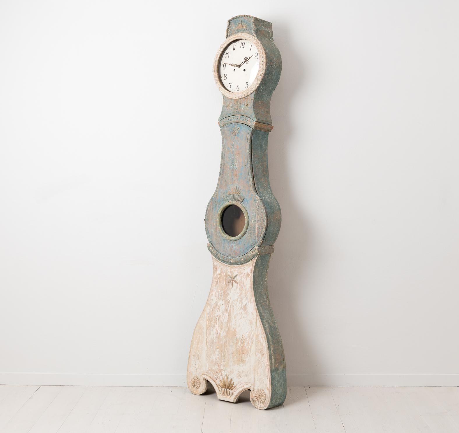 Hand-Crafted Antique Swedish Country Mora Clock in Rococo Style with Original Blue Paint